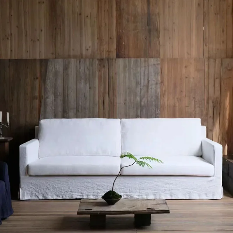 Canapé double pour trois personnes en tissu lin, entièrement démonté et lavé, meubles rétro B & B inn