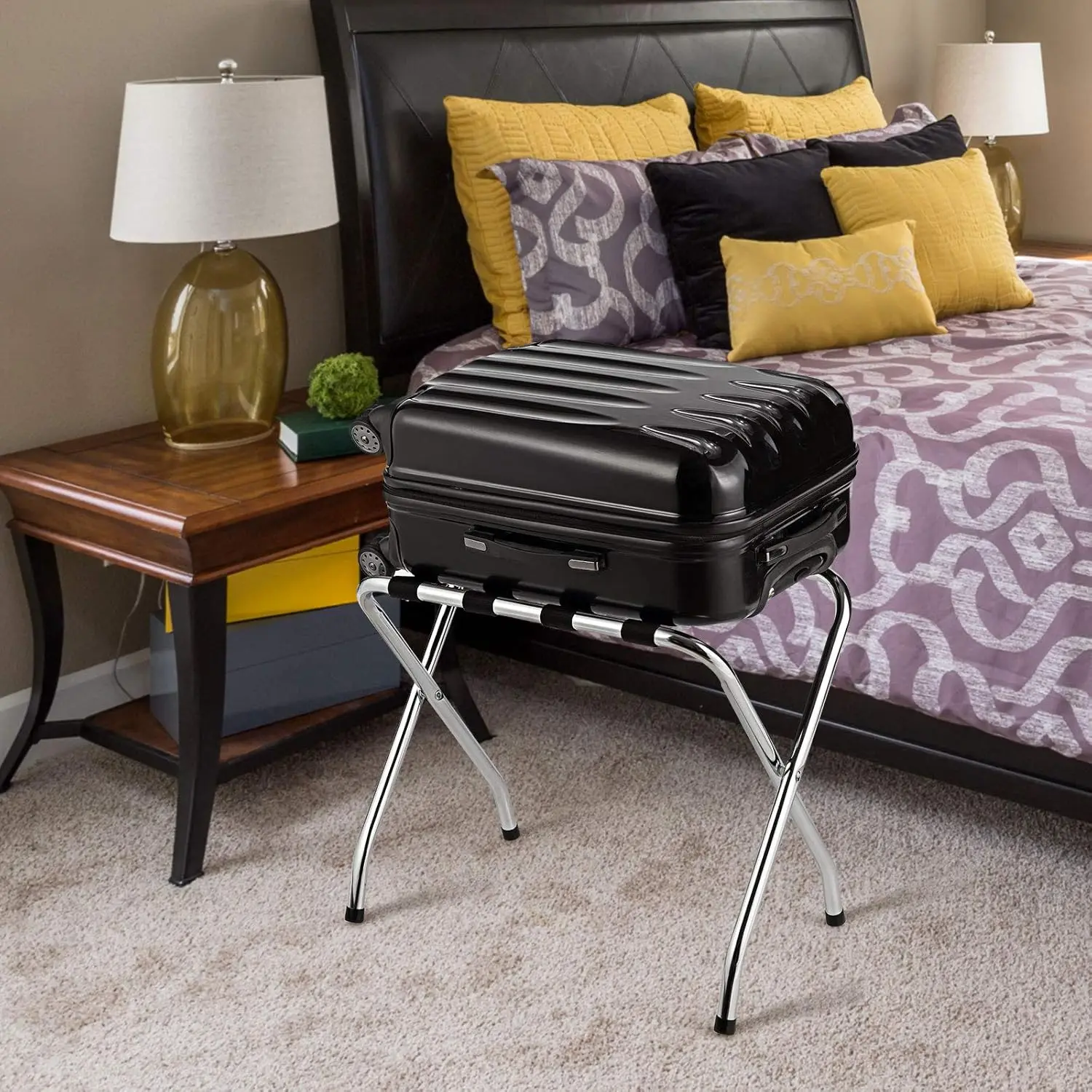 مطلوب التجميع، حامل حقيبة معدني قابل للطي مع أحزمة من النايلون، لغرفة النوم المنزلية وغرفة الضيوف والفندق، ورف الأمتعة، فضي (2) #3