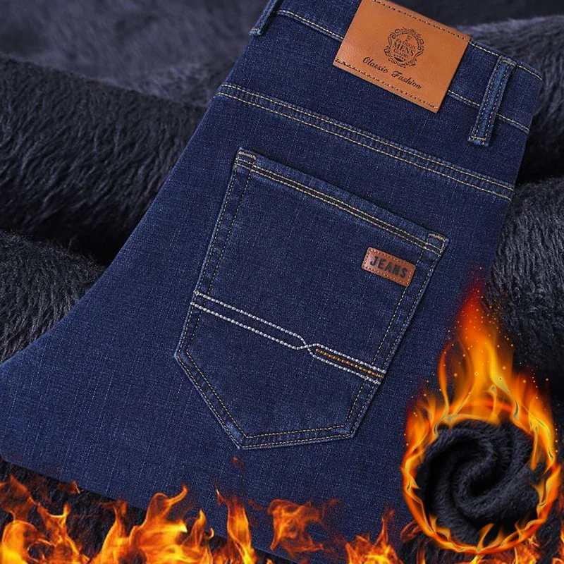 New Winter Men Fleece Warm Jeans Classic Style Business Casual Thicken Velvet Slim Denim Pants Brand Trousers Male Size 28-42