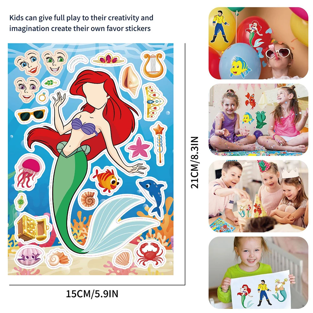 8/16 Vellen Disney De Kleine Zeemeermin Cartoon Puzzel Stickers Maken Een Gezicht Kinderen Diy Grappig Assembleren Puzzel Decals Kids Speelgoed Cadeau