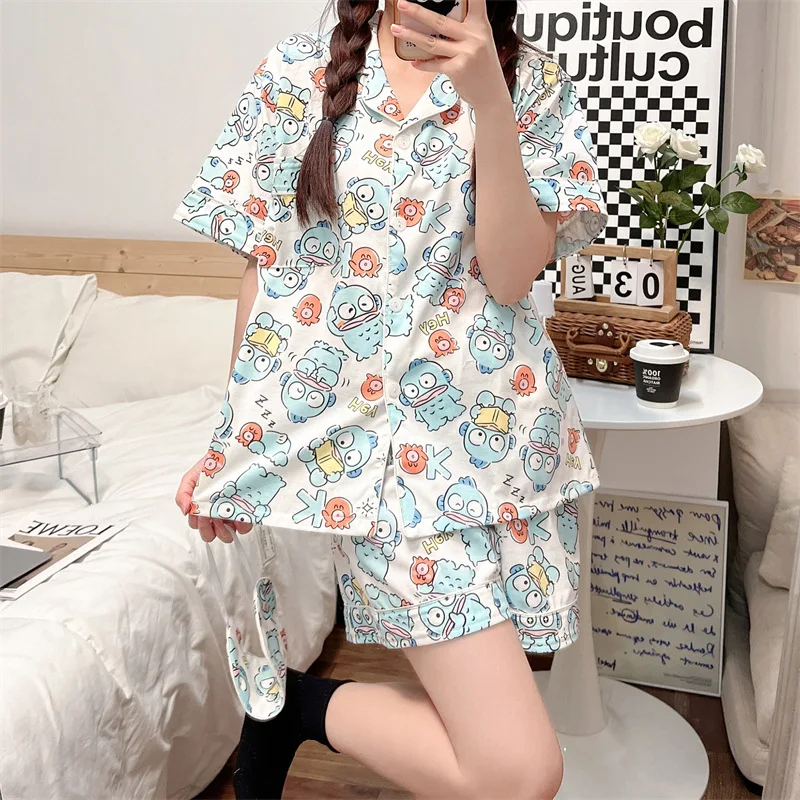 Sanrio Kawaii Hangyodon Pajamas Summer Cute Short Sleeved Shorts Cotton Cartoon Anime Printed Girls Household Clothes Two Sets