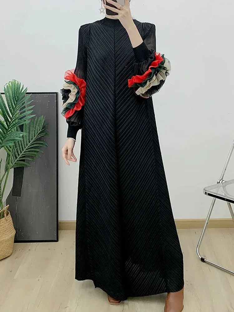 ANLAN Fashion Pleated Patchwork Miyake Maxi Long Dress Women Loose Peatl Sleeve Evening Party Dresses 2024 Autumn New 6YK0914