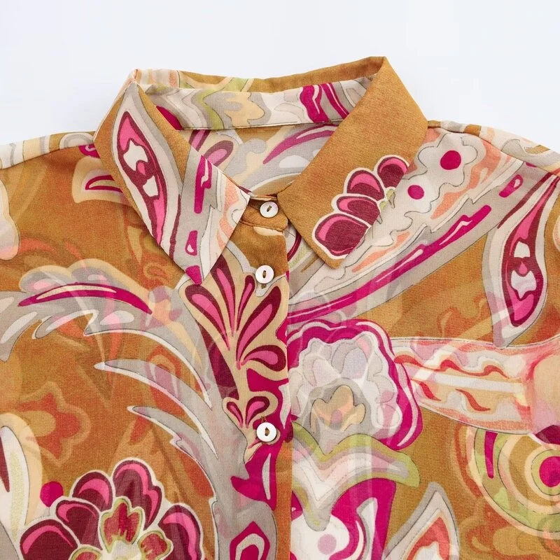 

Spring 2025 Women's Loose Long Sve Printed irt Faionable Transparent Design Turn-down Collar Versatile Sle 00% Othe...