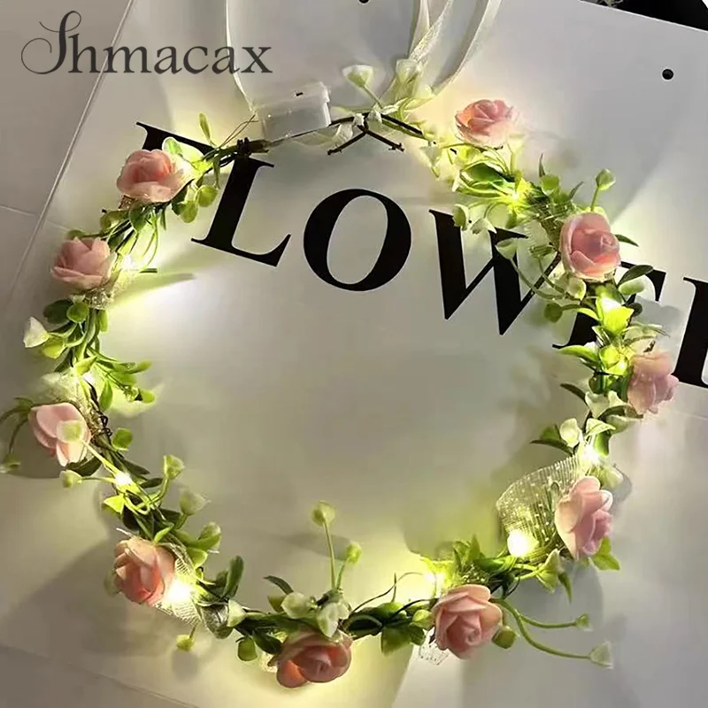 Women Girl Forest Style Luminous Wreath Rural Wedding Plant Flower Wreath Headwear LED Light Wreath Garland Decoration Hairband