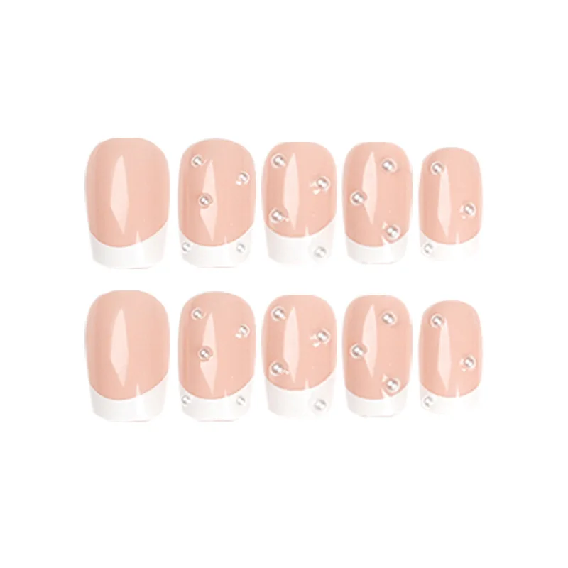 Nude pérola rosa unhas postiças com ferramenta, cabeça quadrada unhas postiças, design de borda branca, à prova d'água, pressione, 24pcs