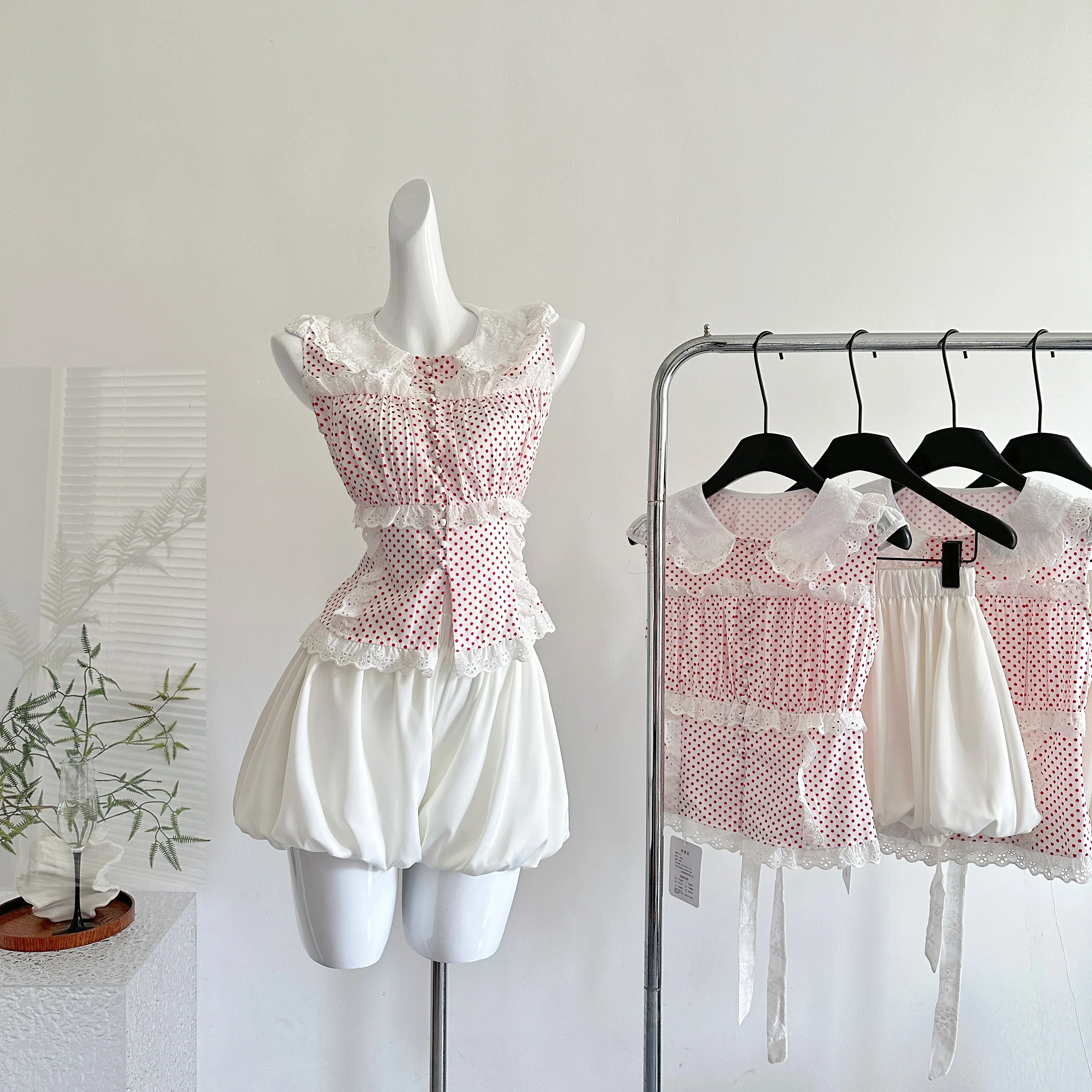 

Summer Women Shoujo Girl 2000s Korean Fashion Cute Core Idols Outfits 2 Piece Set Polka Dot Tank Top + Elastic Waist Shorts New