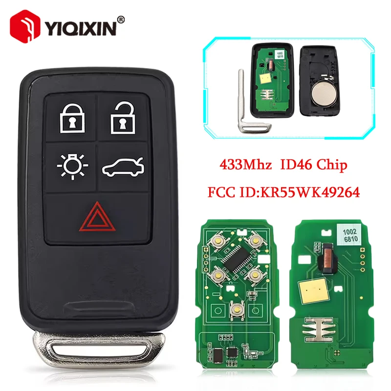 

YIQIXIN 5 Button 433Mhz ID46 Chip Smart Remote Car Key For Volvo V40 V60 S80 XC70 XC60 S60 S60L KR55WK49264 Uncut Blade No Logo