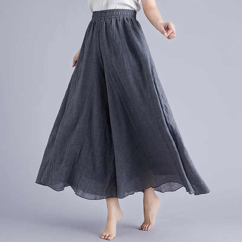 Women Summer Cotton Linen Wide Leg Pants Lady Elegant Elastic High Waist Casual Loose Trousers Mori Literature Art Pants Skirts