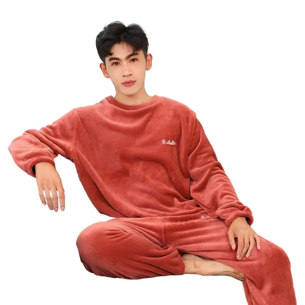 

Thickened Pajamas Set Thick Fleece Winter Men's Pajamas Set with Thermal Cold Resistant Round Neck Top Elastic Waist for Cozy