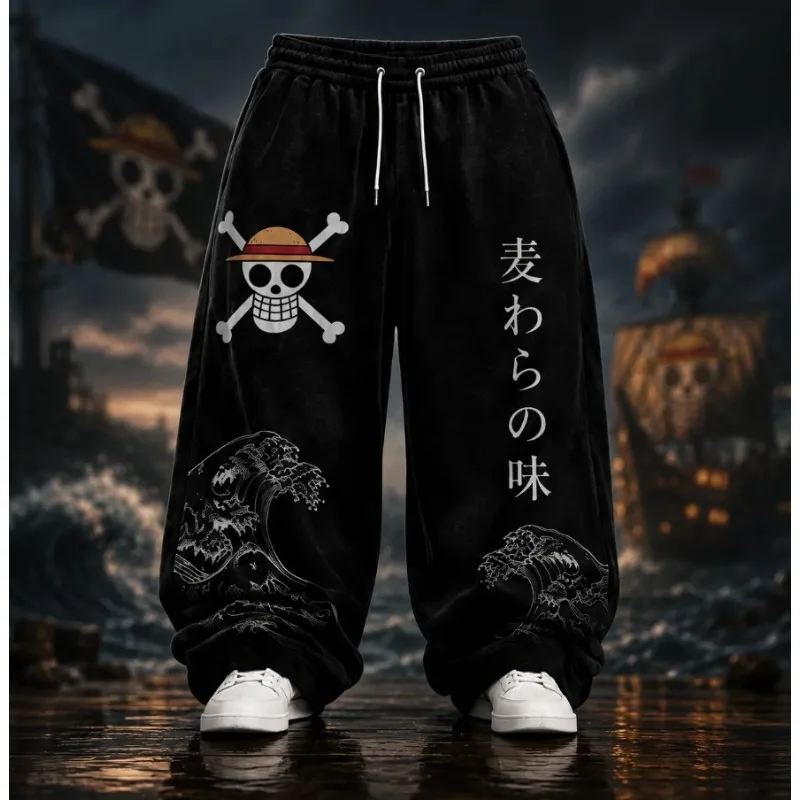 Japanese One Piece Straw Hat Skull Print Pants for Both Men and Women, Street Trend Anime Straight Leg Pants