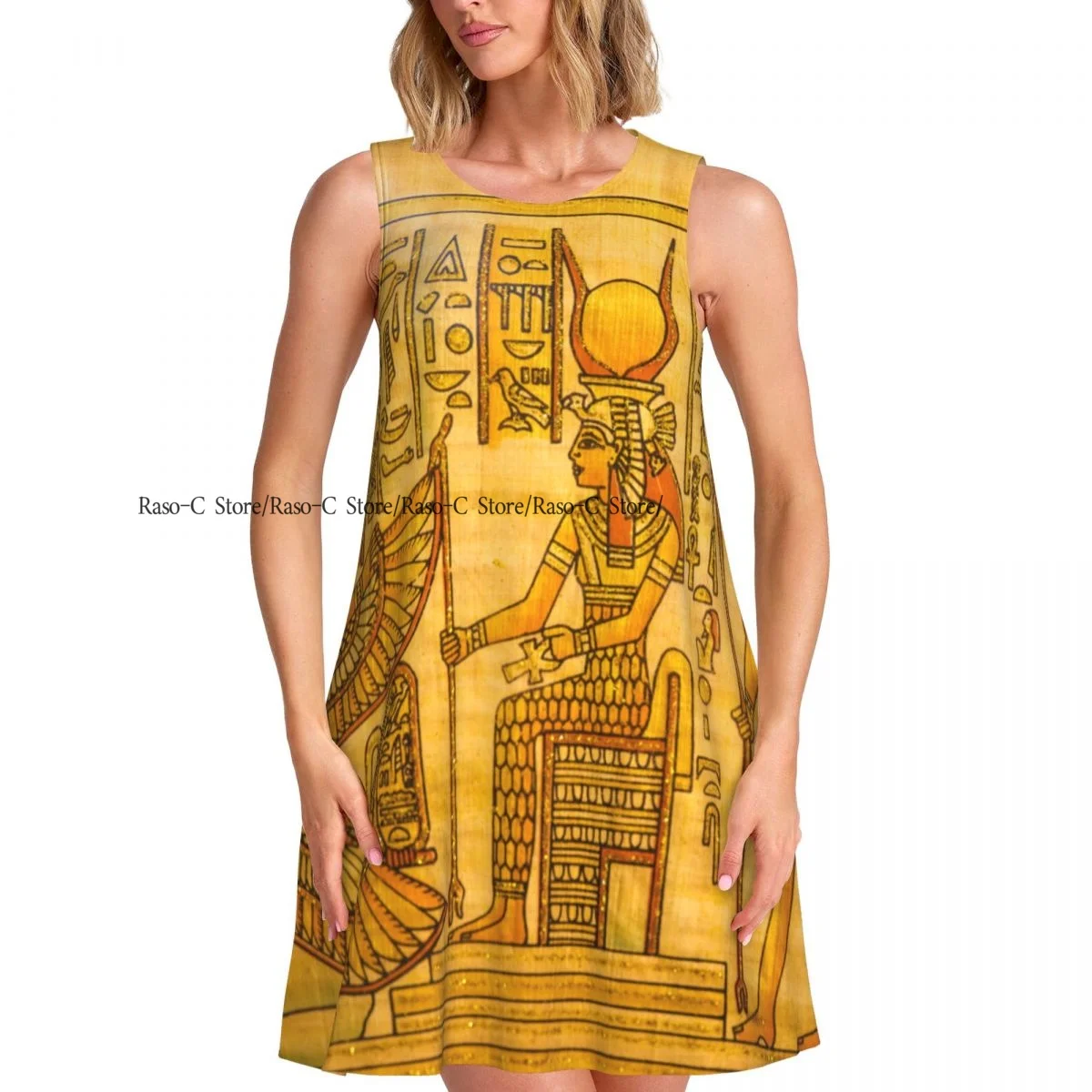 فستان بياقة دائرية بدون أكمام من فستان مصر البردي للنساء فستان كاجوال للركبة فساتين ماكسي #1