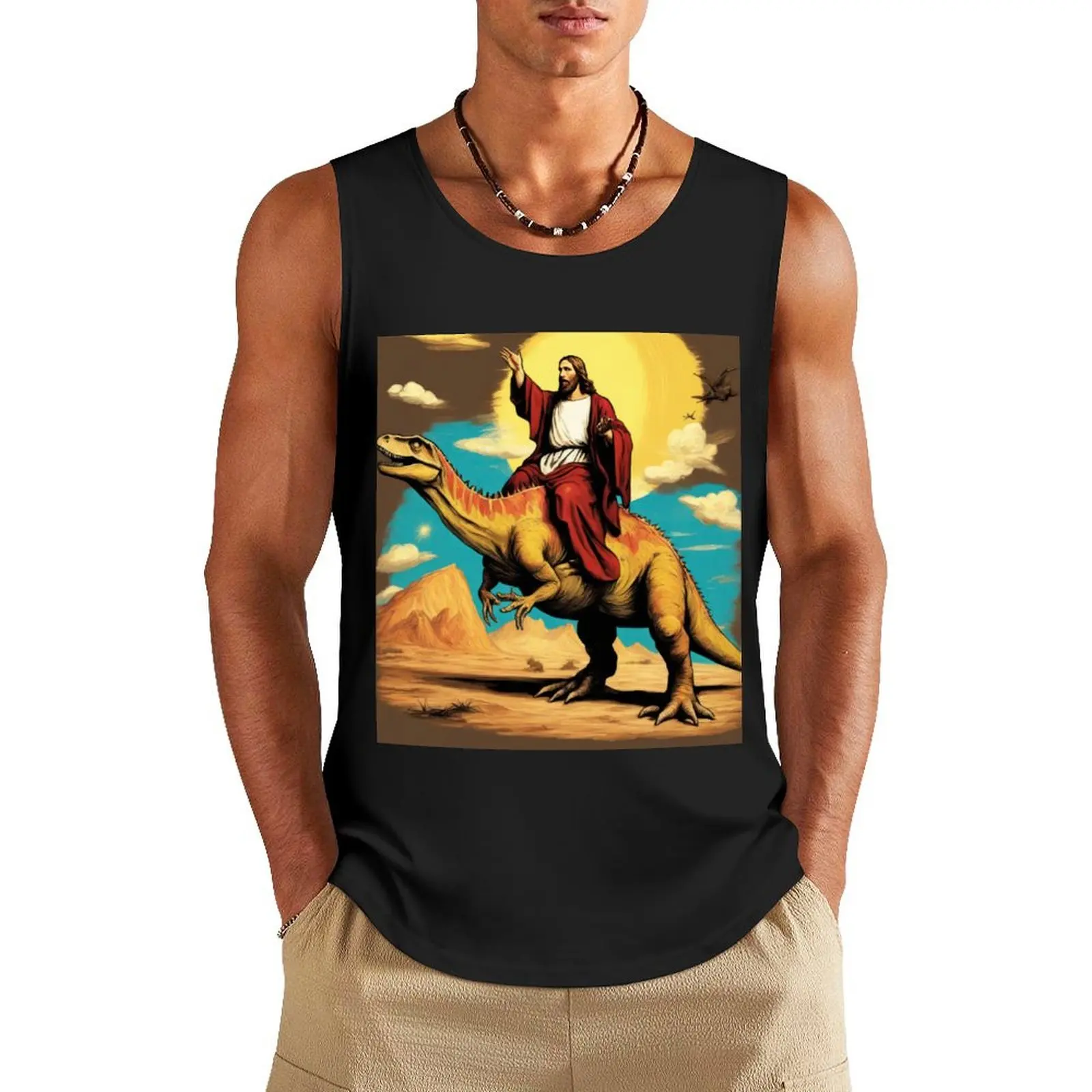

Jesus Christ riding a dinosaur. The Quirky Tale of Jesus Christ Riding a Dinosaur T-REX: A Funny Twist on Christianity Tank Top