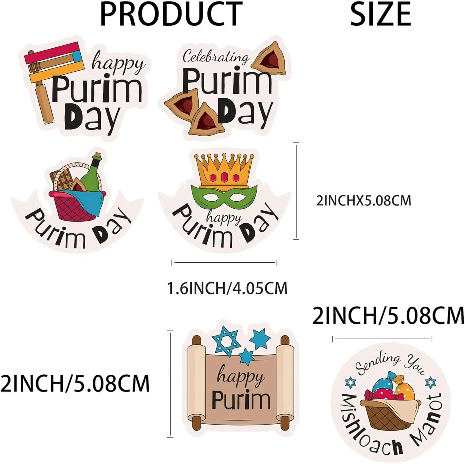 120Pcs Happy Purim Stickers Colorful Purim Celebrations Decal Jewish Purim Stickers Colorful Clown Mask Drum Carnival Sticker