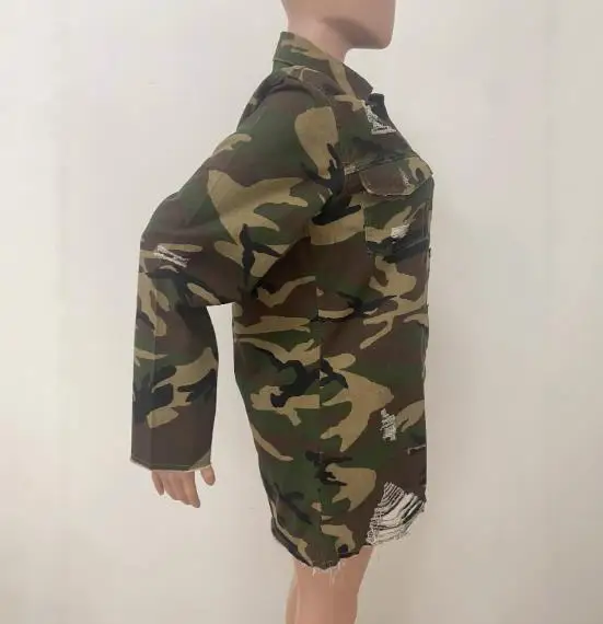 

Autumn & Winter Women's Cardigans with Lapel Buttons Versatile On The Street Camouflage Cut Tassel Washed Water Jacket