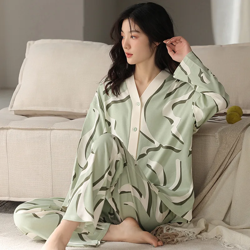 2Pcs/Set Cotton Women's Kimono Nightwear For Autumn V Neck Cardigan Long Sleeves Pant Sleepwear Female Young Girl 2XL Pyjamas