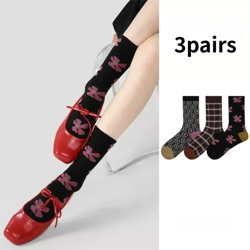 

Heye Ins-style breathable and sweat-absorbing cotton retro personality color-block plaid women's mid-calf socks
