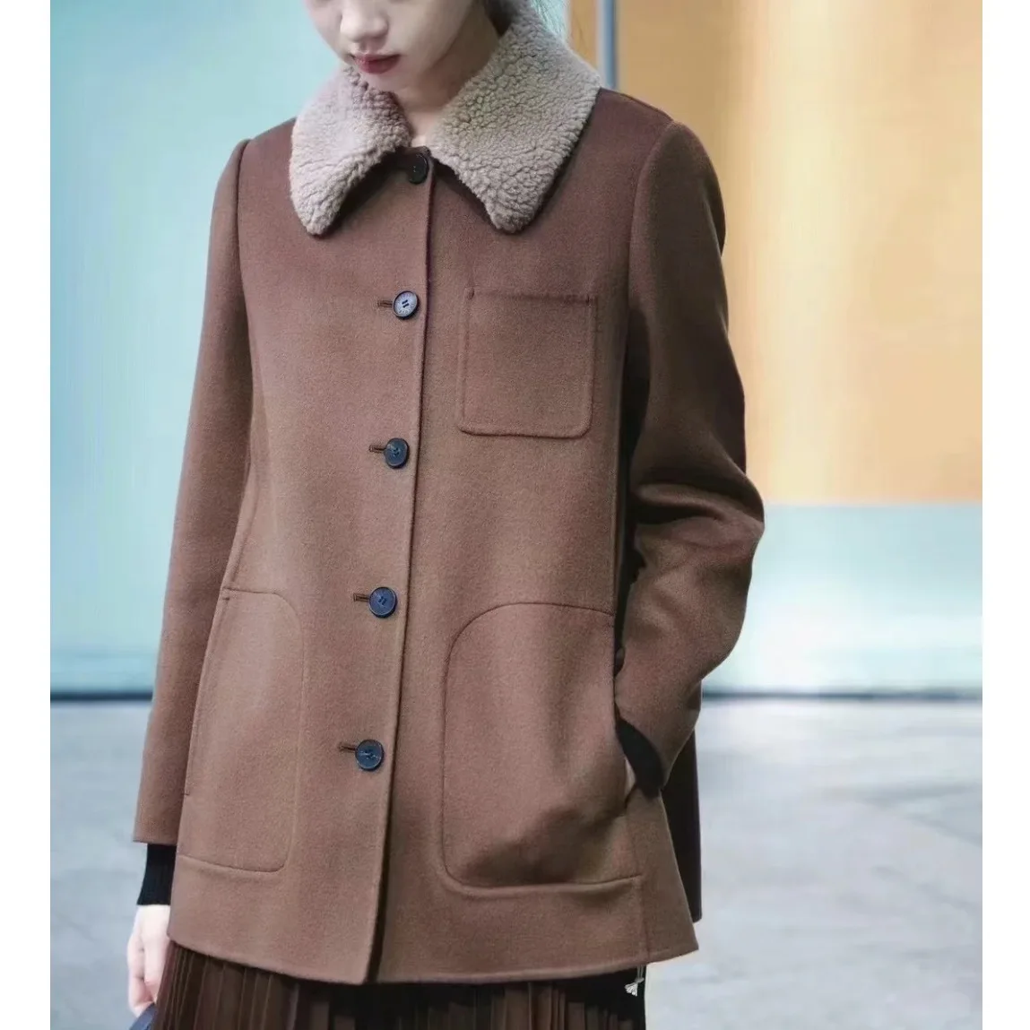 

Autumn and winter temperament commuter wool blend double-sided dark coffee short coat women's coat