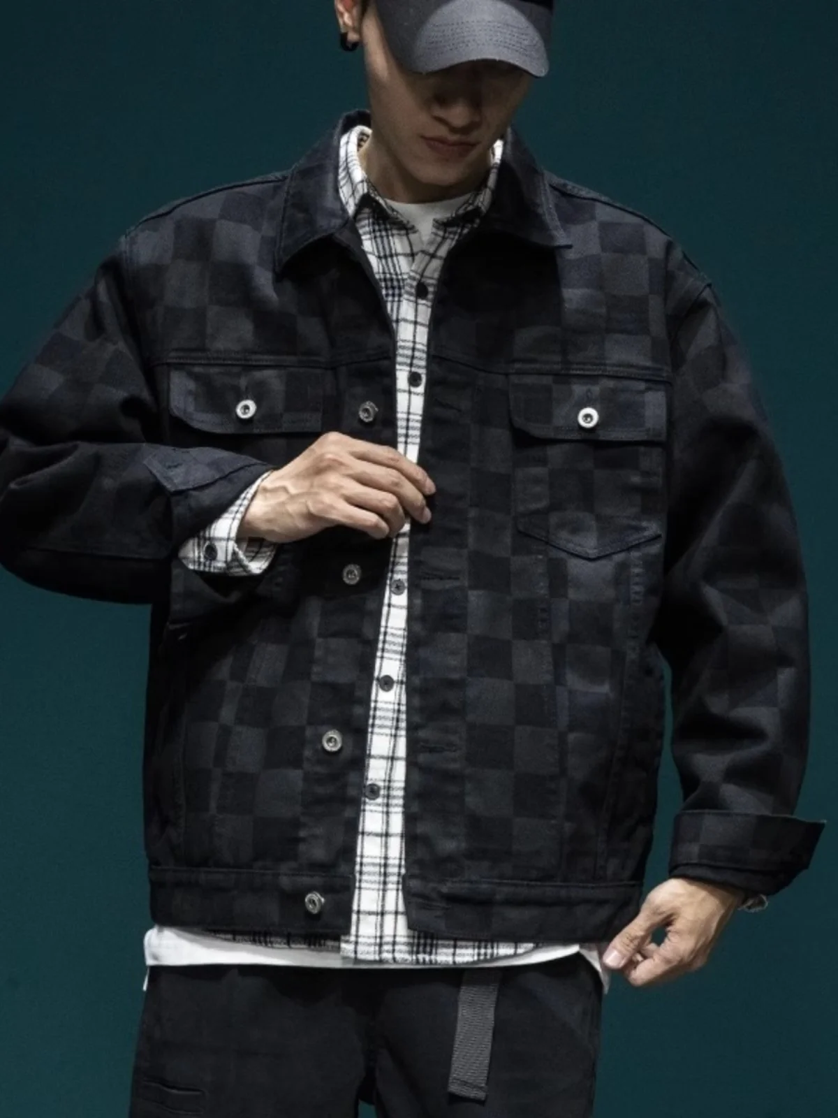 

Loose Fit Men's Denim Jaet Autumn New Plaid Design American Sle Trendy Brand Youth Casual Workwear Coat Long Sve