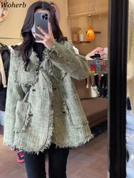 Woherb Temperament Jackets Women 2024 V-neck Tweed Outwear Casual Loose Green Tops Korean Chic Elegant Vintage Tassel Coats