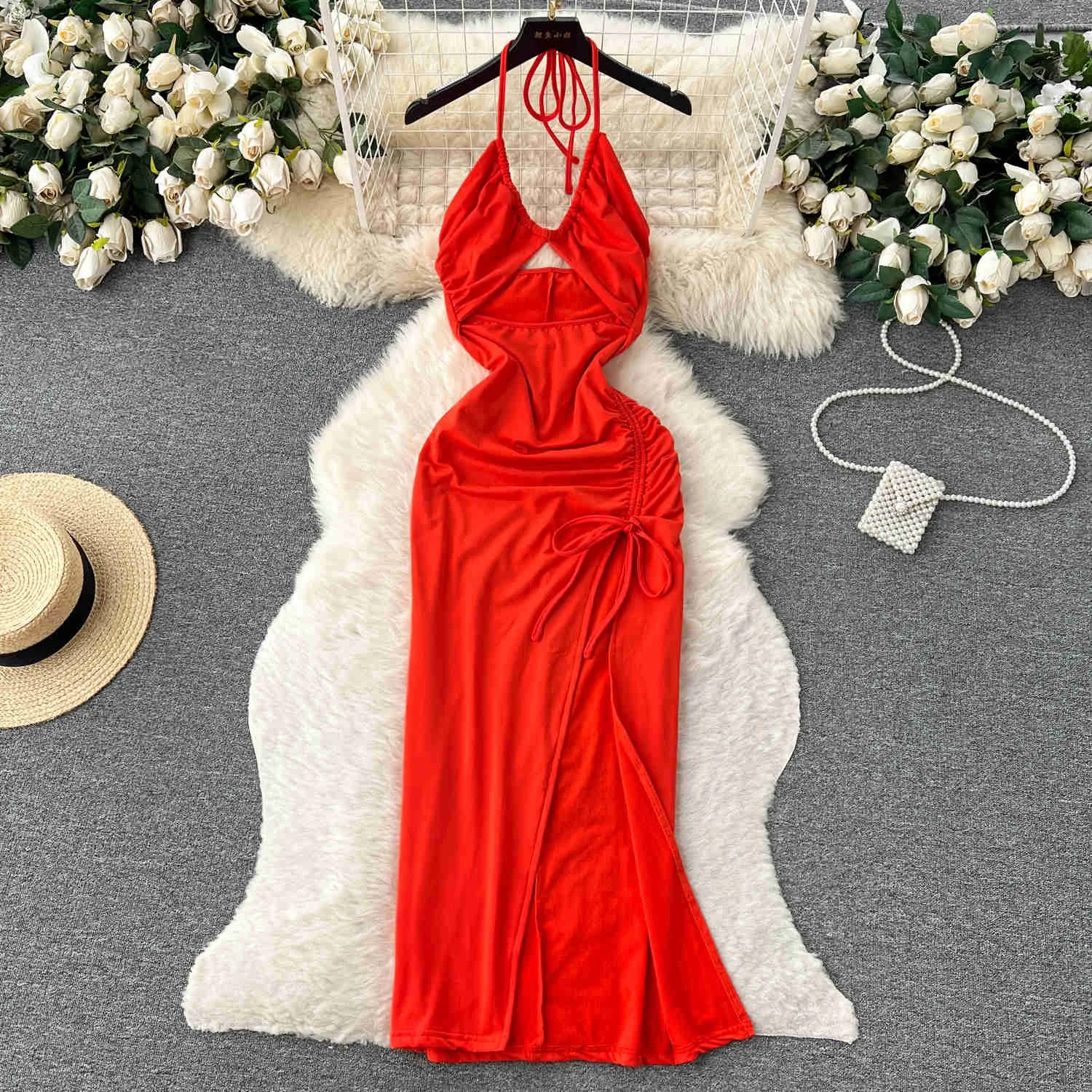 

Pure Lust Spicy Girl's Halter Neck Strap Dress Women's Summer Hollow Out Drawstring Split Red Midi Dress For Evenning Party