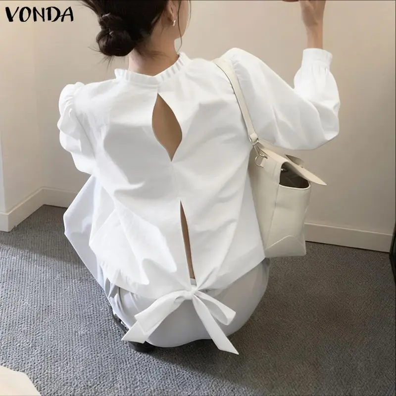 

Элегантная блузка VONDA с длинным рукавом, женская, с вырезом на спине, повседневная рубашка, модная модель 2026 года, однотонная, свободная туника, топ в уличном стиле, блузы