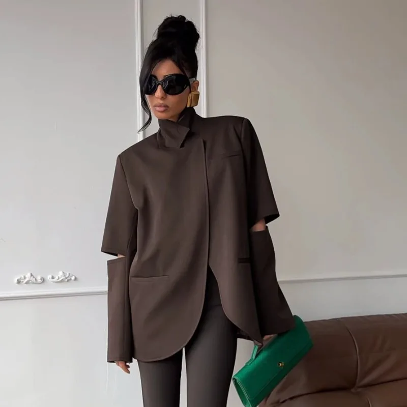 FRAYA LAB Women Brown Stand Collar Blazer Jacket Fall 2026 New Minimal Elegant Loose Casual Suit Coat Outerwear Trendy Chic Soft