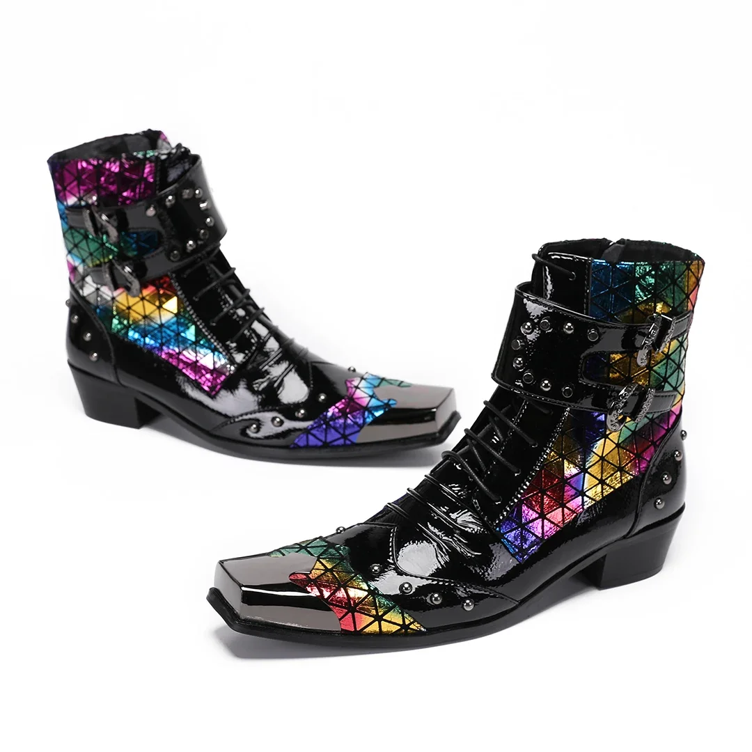 Luxury Multicolor Sequins Men Square Toe Ankle Boots Business Large Size Formal Leather Shoes Man Wedding Nightclub Party Boots