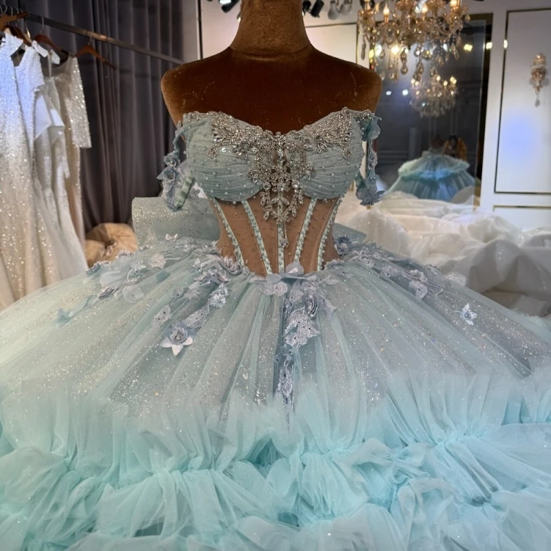 فساتين Quinceanera لامعة باللون الأزرق المائي قبالة الكتف مطرز بفيونكة كريستالية متدرجة من التل مشد حفلة عيد ميلاد حلو 16 فستان #3