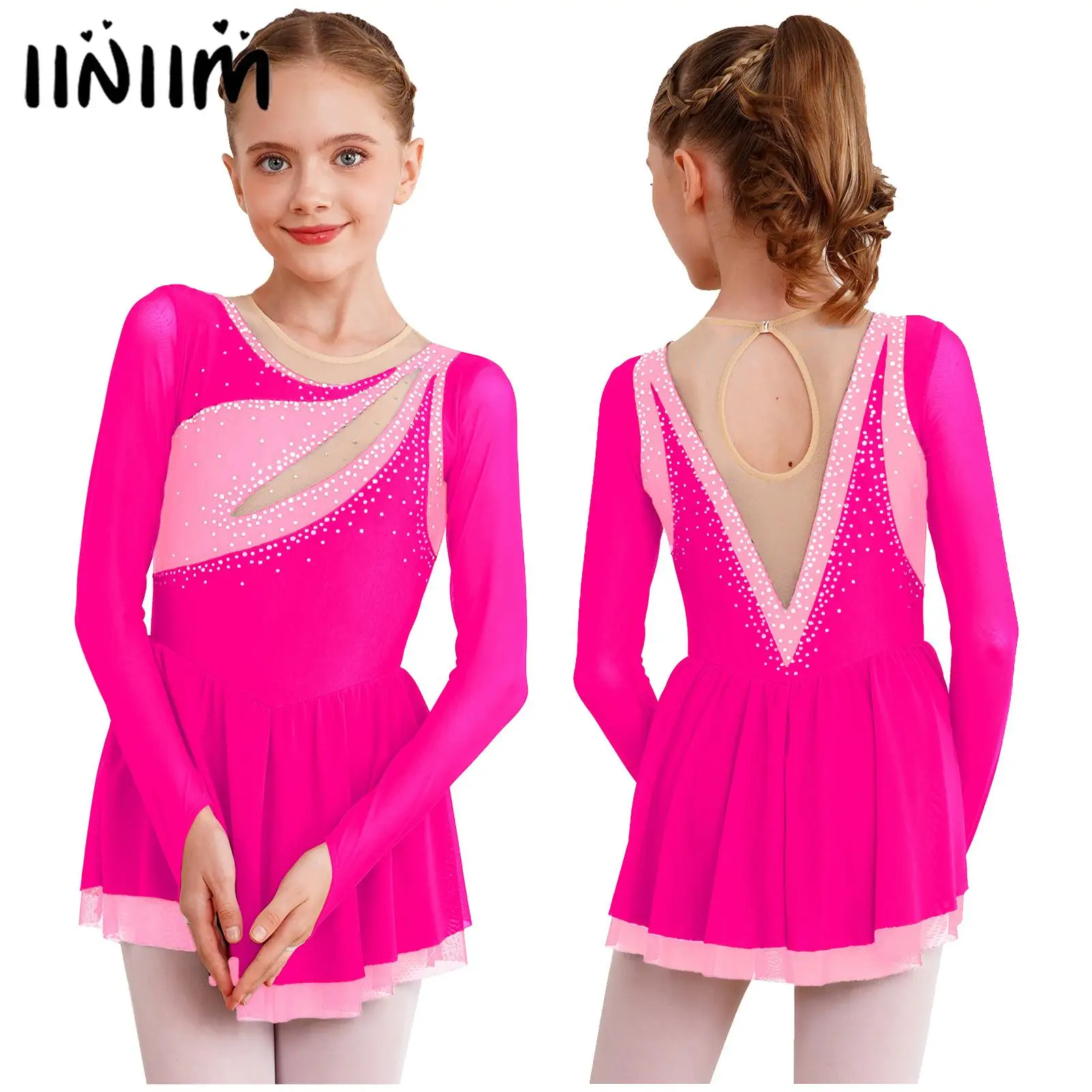 

Girls Shiny Rhinestone Ballet Lyrical Dance Leotard Gymnastics Tutu Dress Ballroom Performance Wear Figure Skating Dresses