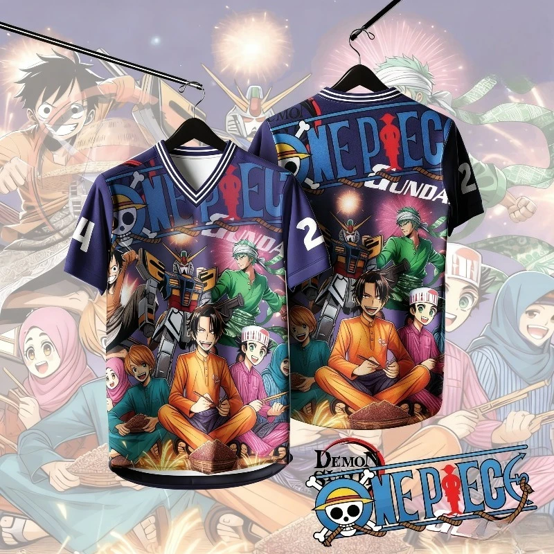 Bandai Japan One Piece X Gundam Cross V-neck Neutral Anime Printed Breathable Quick Drying Sports T-shirt Loose Casual