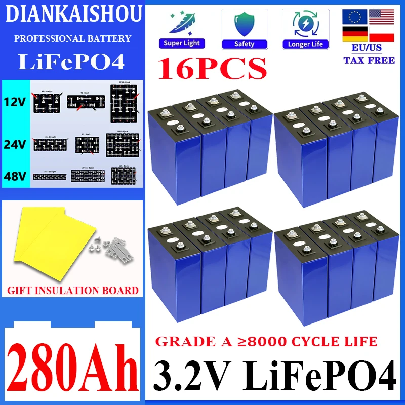 16PCS 3.2V 280AH Lifepo4 Battery Grade A 8000 cycle DIY 12V 24V48V Rechargeable Lithium Iron Phosphate Cell For Golf Cart Boat