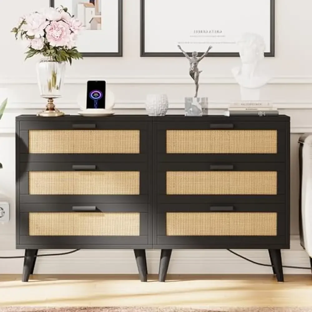 

Boho Rattan Nightstand Set with Charging Station & Decorated Drawers Metal Sliding Drawers Large Storage Space Multipurpose End