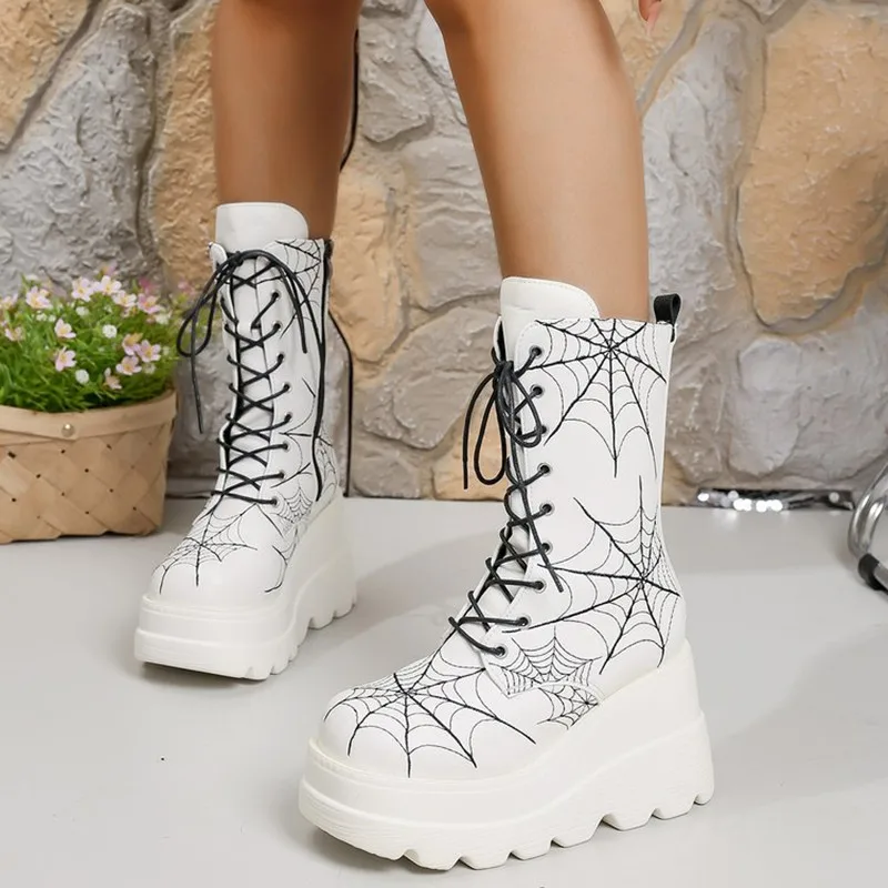New 2026 Autumn/Winter Luxury Women Boots Comfortable Slope Heel Thick Bottom Spider Web European and American Large Short Boots view 2
