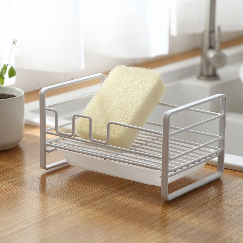 Nuevo estante de almacenamiento para fregadero de cocina de Metal de doble capa, con bandeja de plástico, escurridor, paño de jabón de mesa, herramienta de limpieza, estante de almacenamiento
