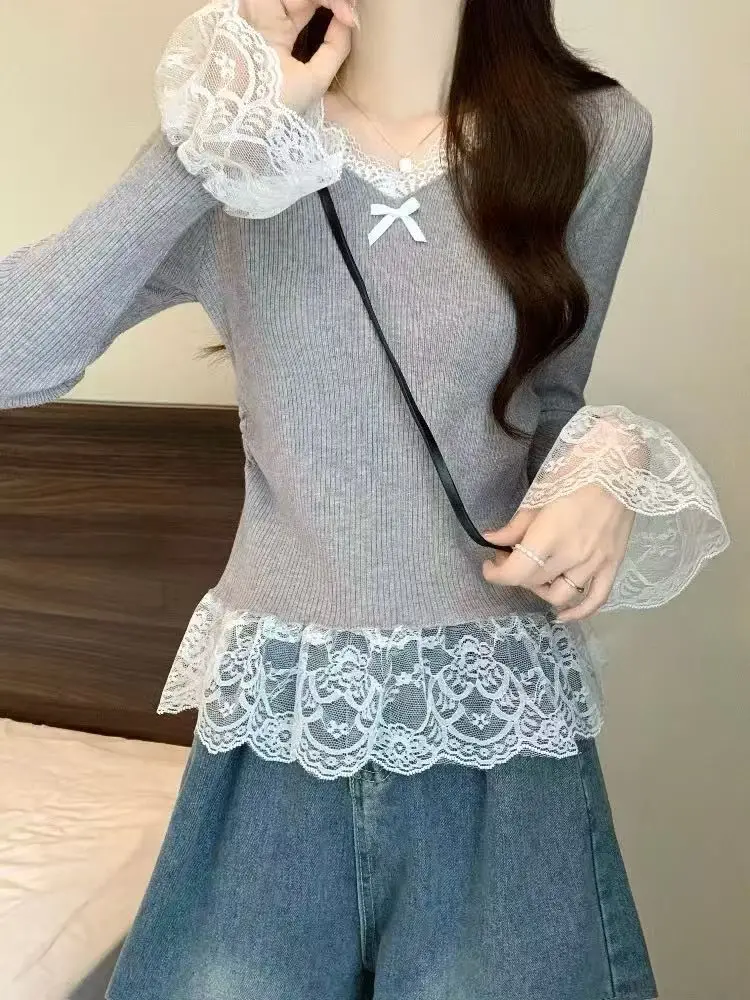 

Pure Desire Women's Autumn School Style Lace Halter Layered Fit and Flare Long Sleeve Top