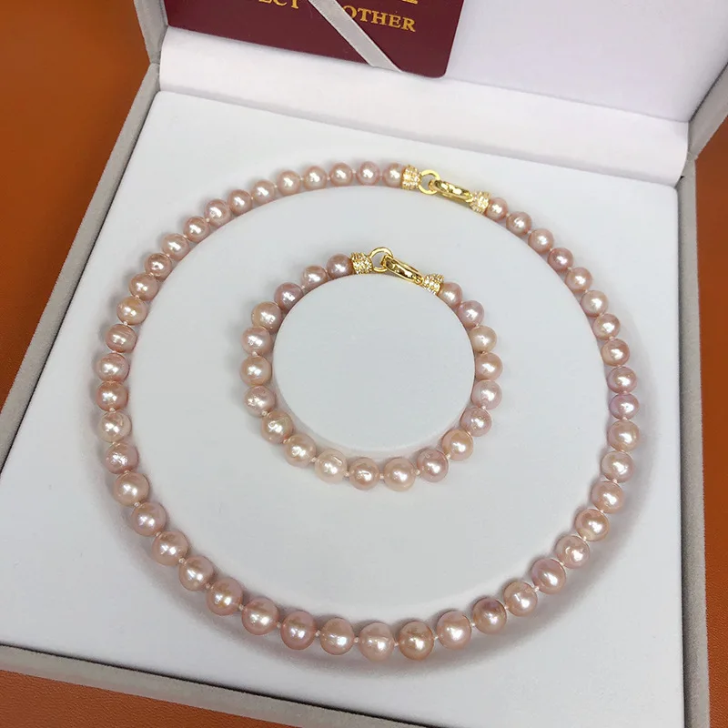 one Set  freshwater pearl white pink purple near round 8-9mm Necklace Bracelet