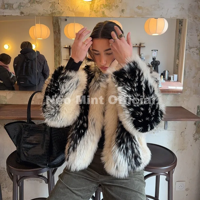 Neo Mint Luxury Brand Design Striped Patchwork Fur Jacket Women Winter Fluffy Faux Fox Fur Coats Chic Girls Thick Warm Outerwear