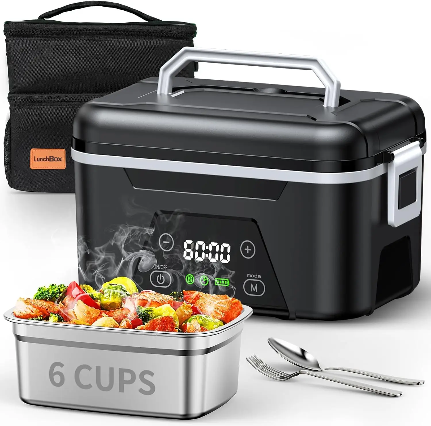 Rechargeable Cordless Heated Lunch Box with Timer, 6-Cup Capacity & Insulated Bag for Hot Meals On-the-Go