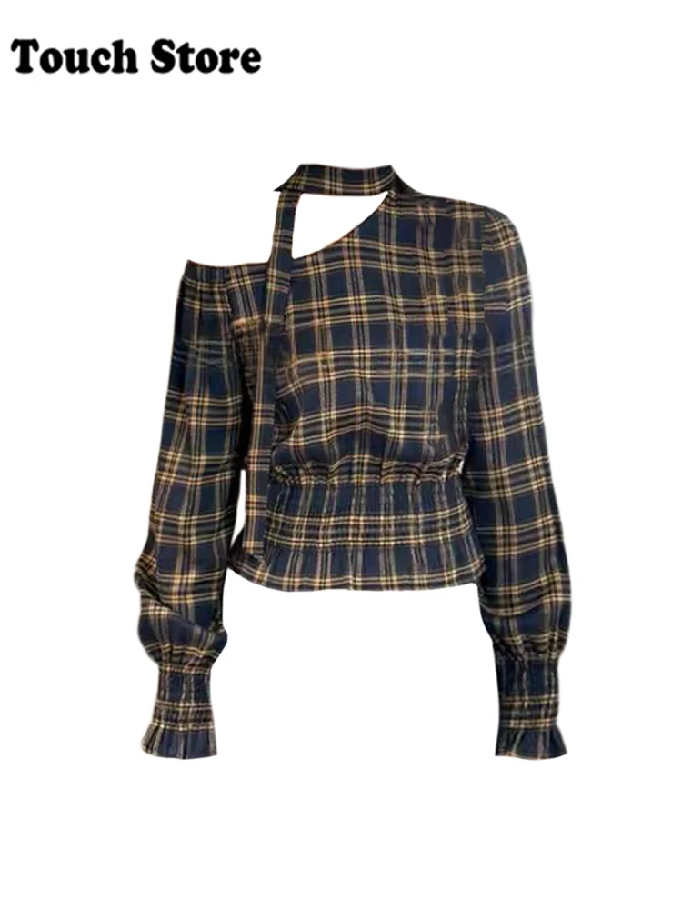 2025 Spring Women Korean Idols Long Sleeve Off Shoulder Crop Top Coquette 2000s Aesthetic Shirt Plaid Tees Gyaru Cute Core Hot
