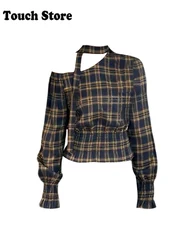 2025 Spring Women Korean Idols Long Sleeve Off Shoulder Crop Top Coquette 2000s Aesthetic Shirt Plaid Tees Gyaru Cute Core Hot