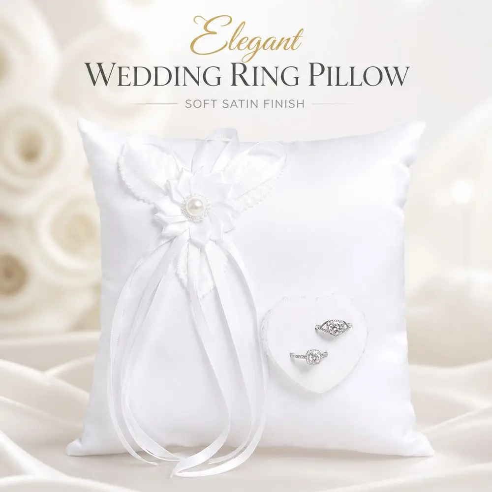 Polyester Wedding Ring Pillow Ribbon Decoration Handmade Bridal Ring Cushion Heart Shaped Decor Camellia Detail