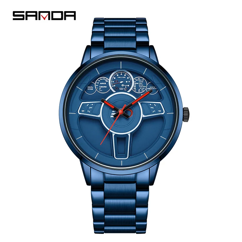 SANDA 1139 Men Quartz Watches Steer Wheel Design Leisure Creative Unique Business Stainless Steel Strap Wrist Watches for Male