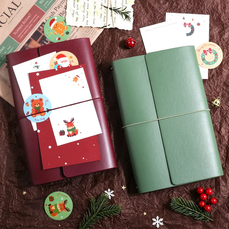 A5 Red Green Banded Three-Fold Christmas Retro Diary Notebook Office With 3 Stitched Lined Grid Blank Journal