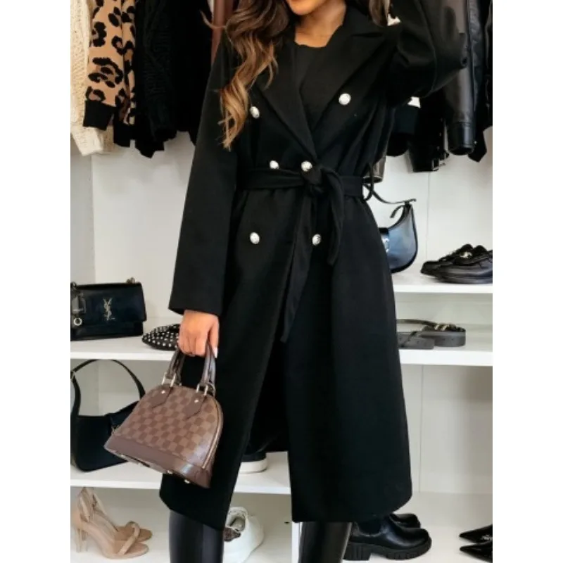S-XXL New Women's Simple and Fashionable Solid Color Double Row Buckle Strap Woolen Coat