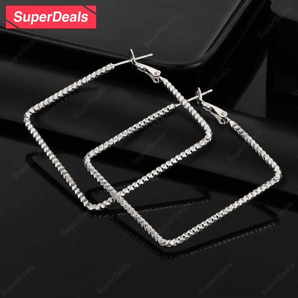 

SuperDeals 925 Sterling Silver 50mm Square Hoop Earrings Women Party Fashion Temperament Earrings Jewelry Anniversary Gift