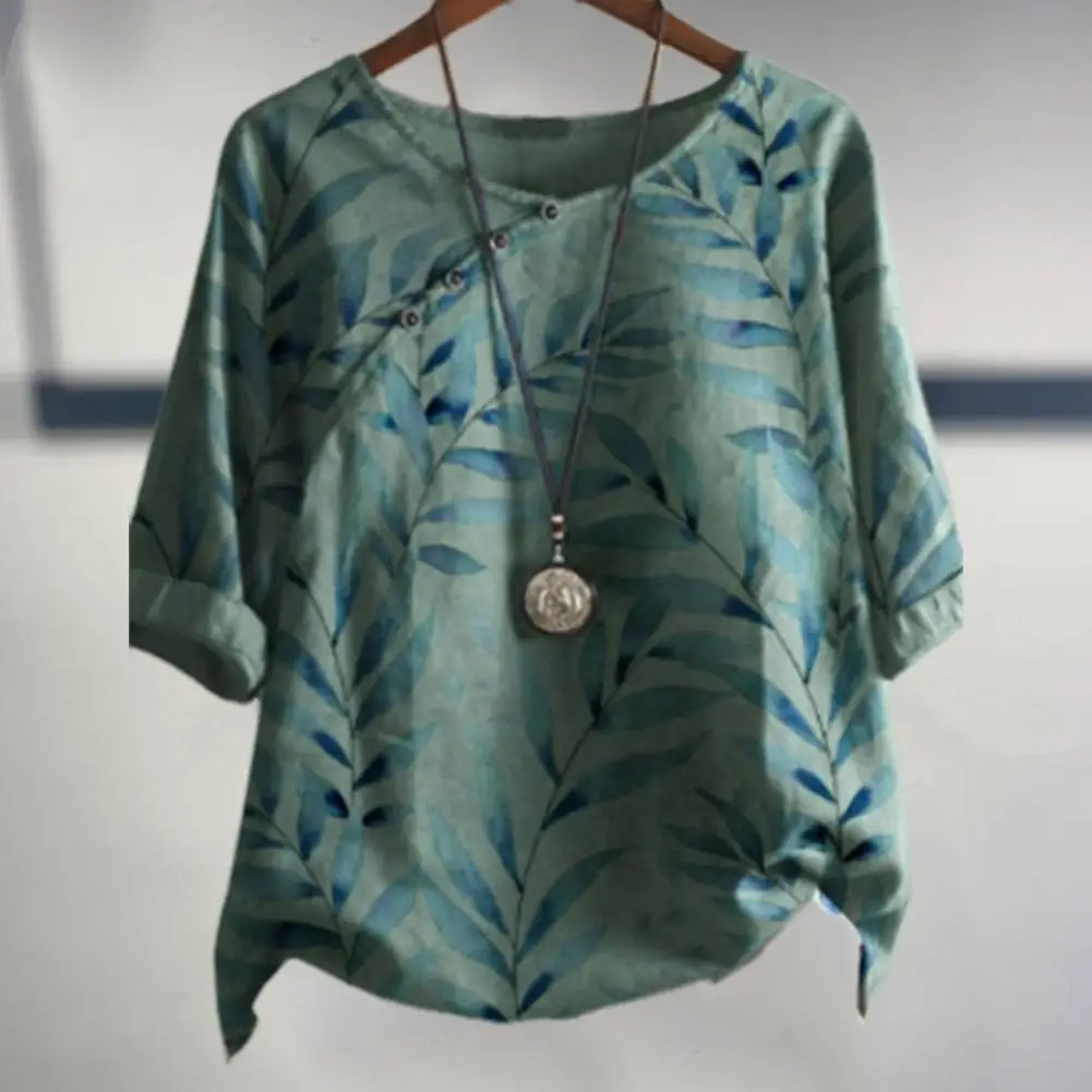 Soft Stretchy Women Top Stylish Retro Leaf Print Women's Summer Shirt with Button Detail Soft Stretchy Polyester for A for Hot