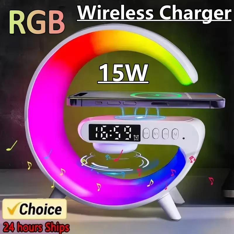 Fast Wireless Charging Stand Pad Wireless Charger Station Desk RGB LED Lamp Night Light Alarm Clock Bluetooth Speaker Subwoofer