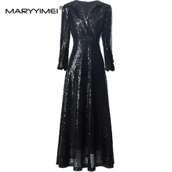 MARYYIMEI Autumn and winter New Style fashionable Dress Women V-Neck Three Quarter Sleeve Sequins High waist Black Dresses