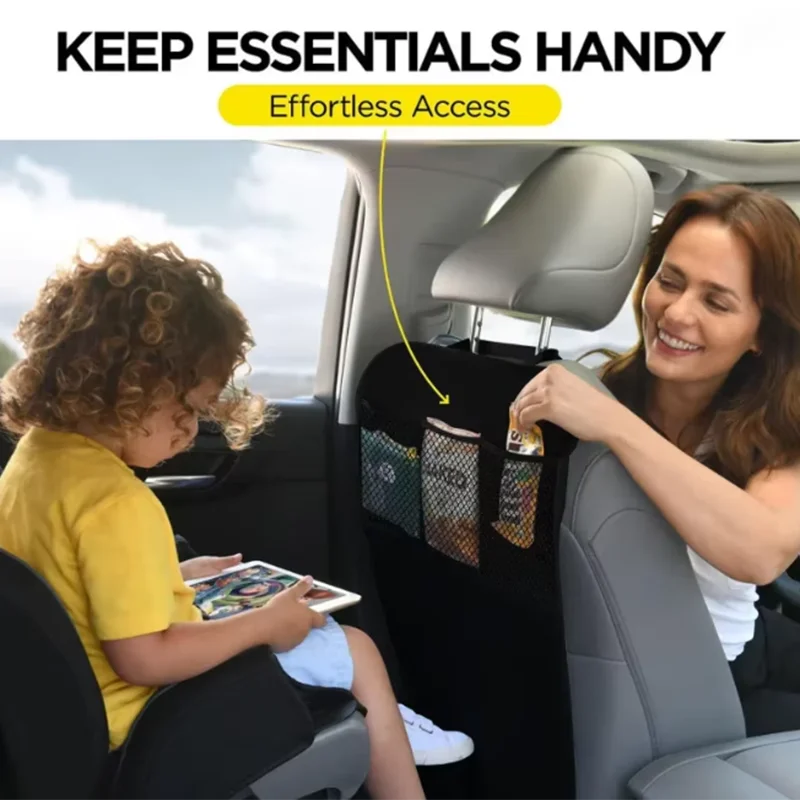 Black Seat Cover for Kids with 3 Pocket Storage Organizer, Waterproof Kick Mats Backseat Protector, Car Seat Back Protectors view 4