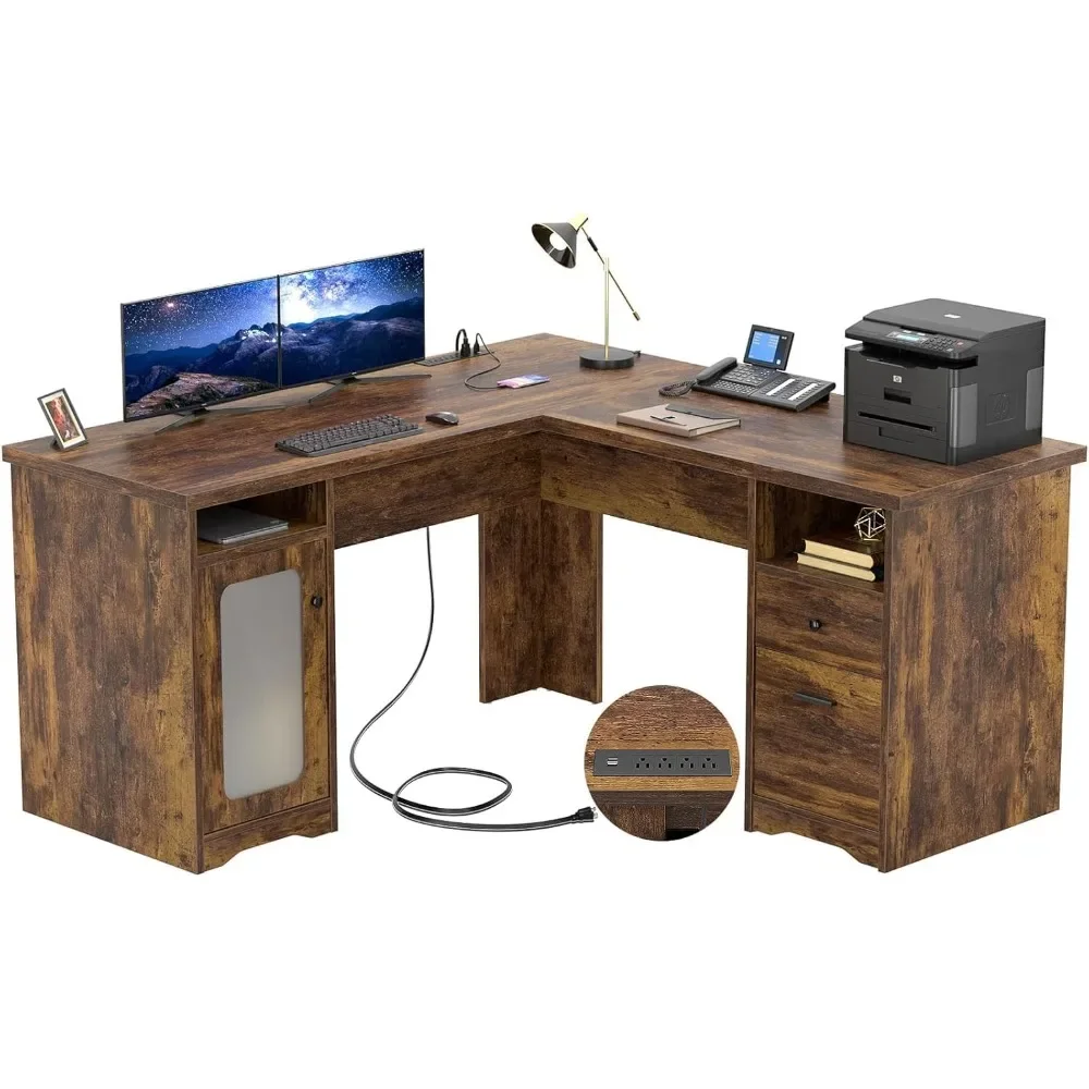 L Shaped Office Desk With Drawers, 60 Inch Corner Desk With Power Outlet And USB Charging Port, Large Computer Desk With File CM